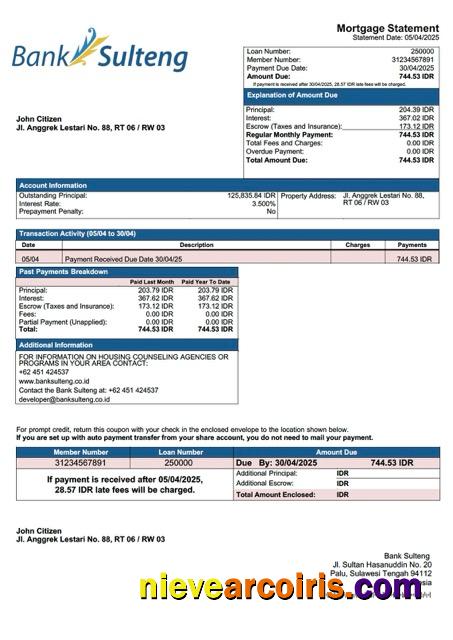 Indonesia Bank Sulteng mortgage statement Word and PDF template